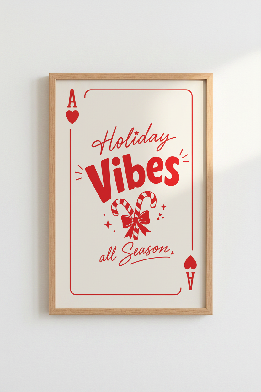 Retro Christmas Poster | Playing Card Holiday Wall Art | Trendy Red Festive Decor
