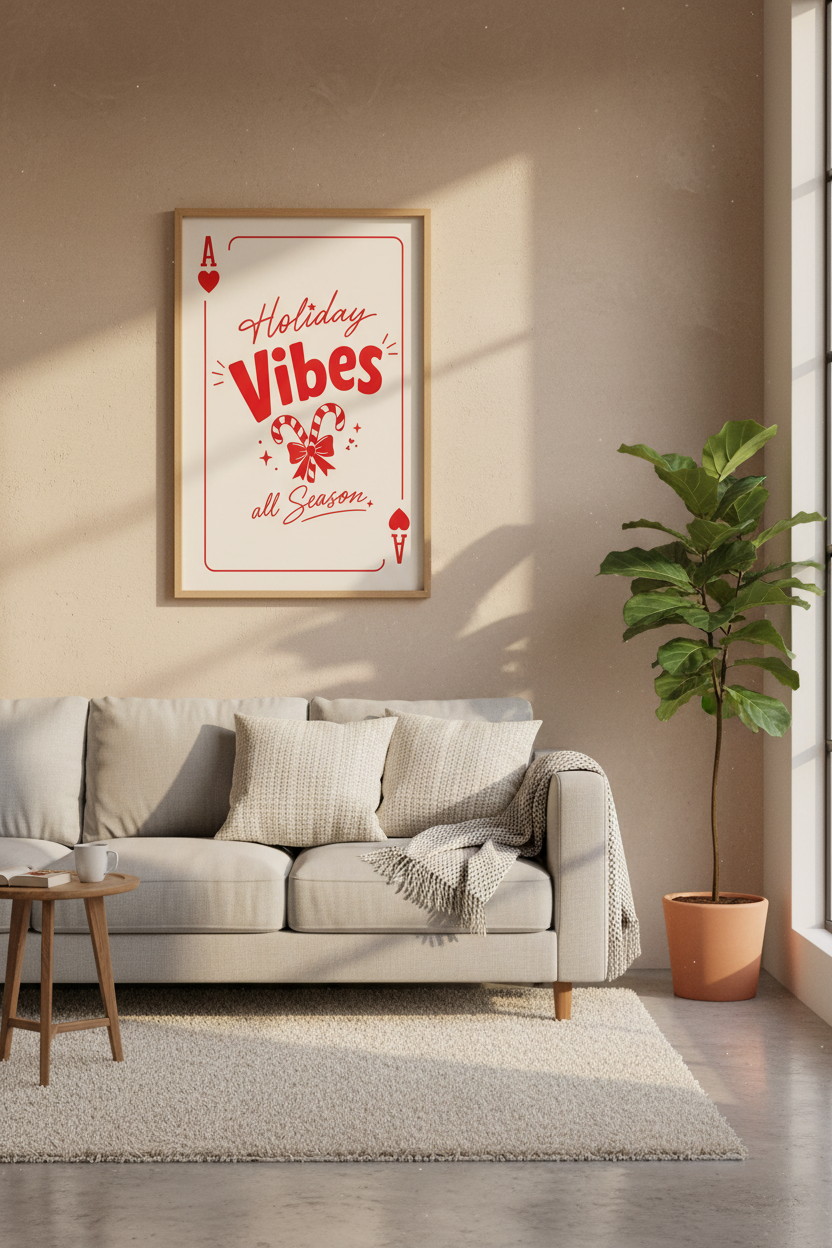 Retro Christmas Poster | Playing Card Holiday Wall Art | Trendy Red Festive Decor