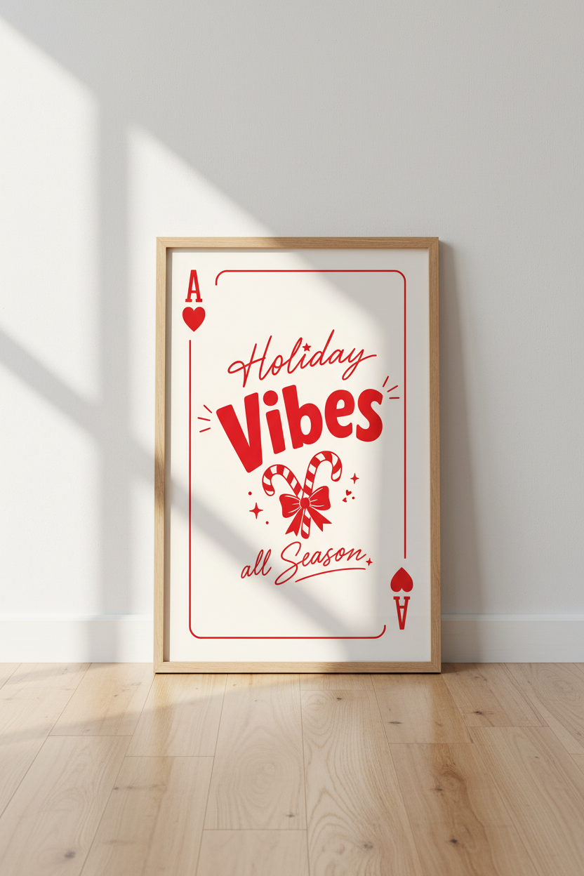 Retro Christmas Poster | Playing Card Holiday Wall Art | Trendy Red Festive Decor