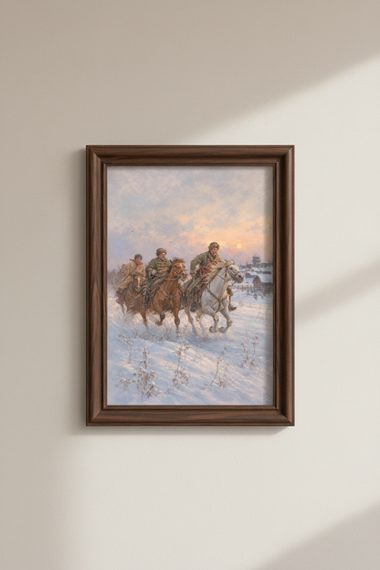 Cossack horsemen art | Winter palette, dramatic sky, living room decor