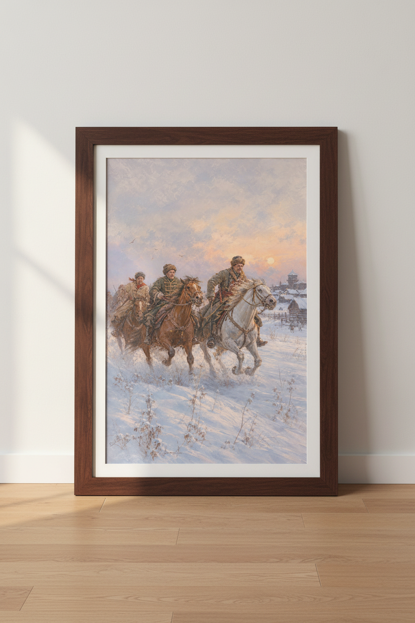 Cossack horsemen art | Winter palette, dramatic sky, living room decor