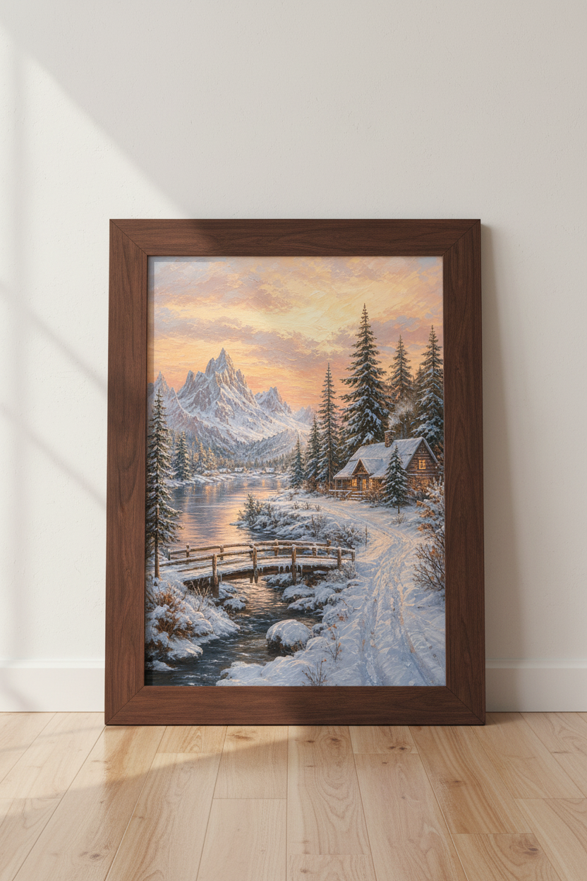 Oil Painting Winter Landscape Wall Art Print | Living Room Decor | Cozy Snow Poster