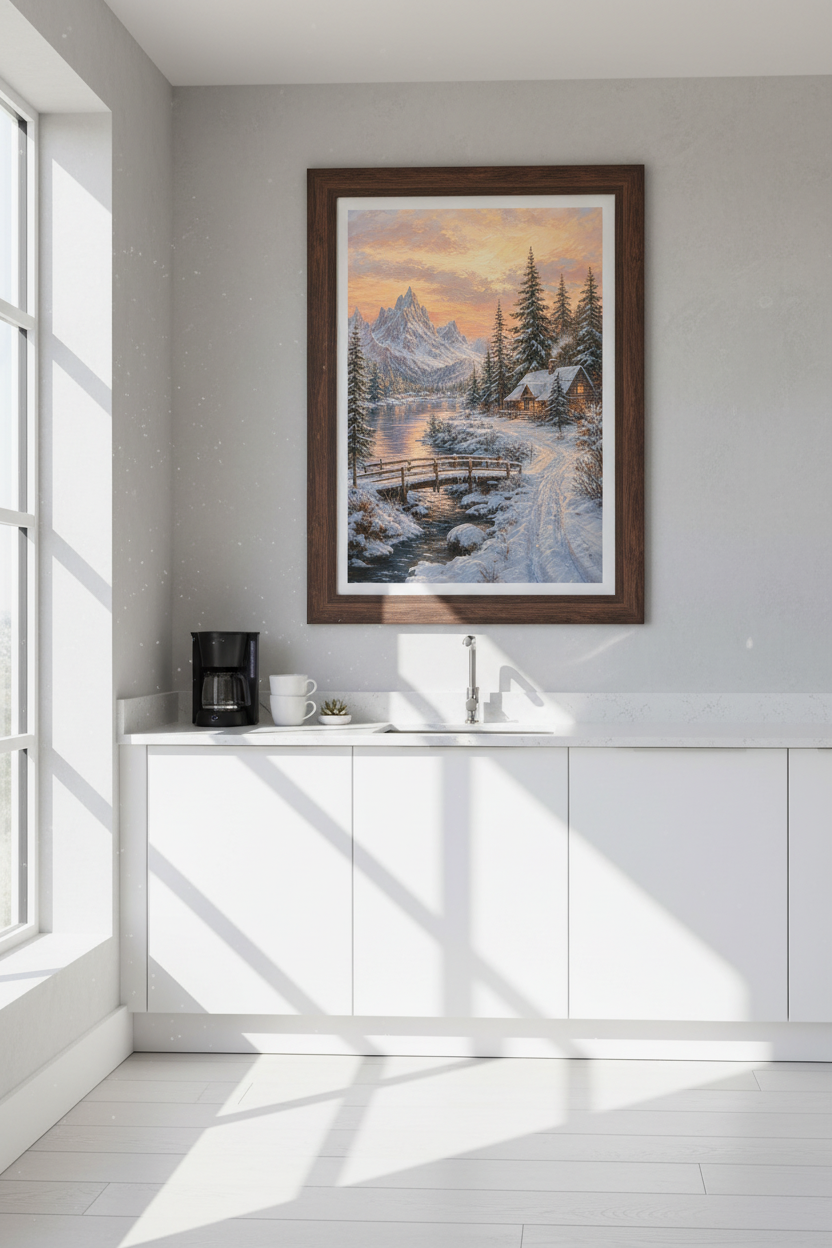 Oil Painting Winter Landscape Wall Art Print | Living Room Decor | Cozy Snow Poster