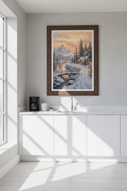 Oil Painting Winter Landscape Wall Art Print | Living Room Decor | Cozy Snow Poster