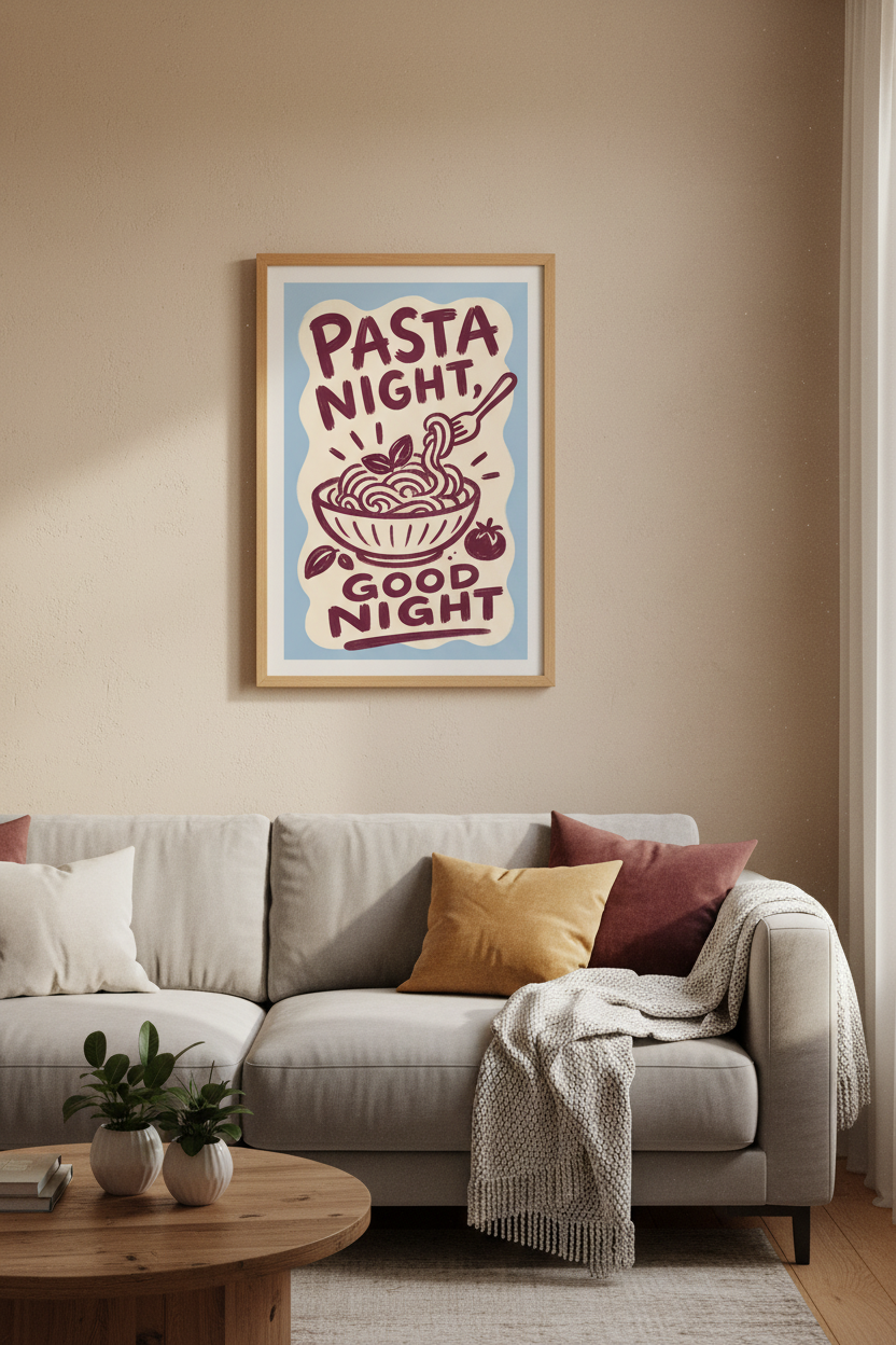 Italian Kitchen Wall Art Print | Retro Pasta Foodie Poster | Blue &amp; Red Decor