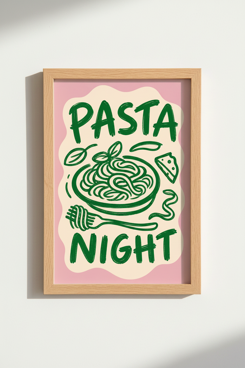 Pasta Night Kitchen Wall Art Print | Pink and Green Retro Decor | Foodie Poster