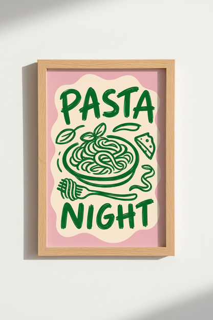 Pasta Night Kitchen Wall Art Print | Pink and Green Retro Decor | Foodie Poster