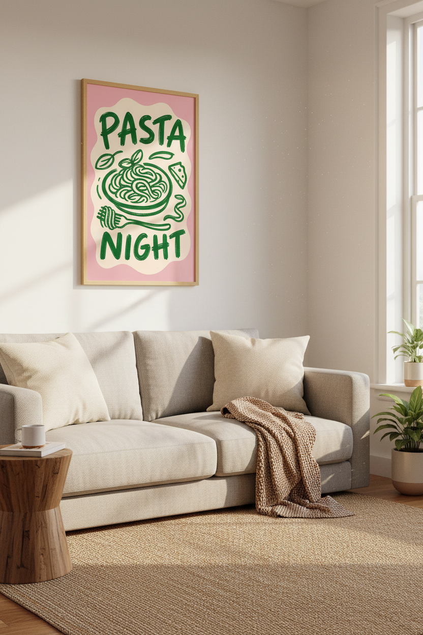 Pasta Night Kitchen Wall Art Print | Pink and Green Retro Decor | Foodie Poster