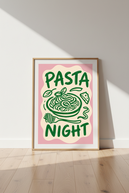 Pasta Night Kitchen Wall Art Print | Pink and Green Retro Decor | Foodie Poster