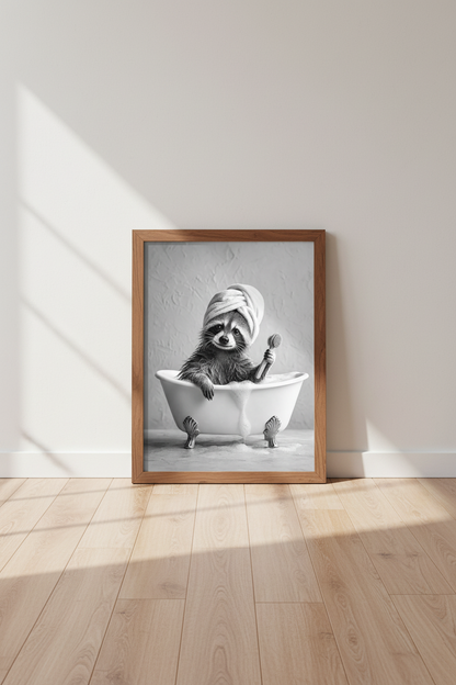 Raccoon in Bathtub Wall Art | Black and White Bathroom Decor | Funny Animal Poster