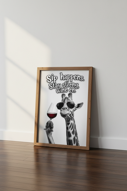 Funny Giraffe Wine Wall Art | Sip Happens Poster | Modern Bar Decor