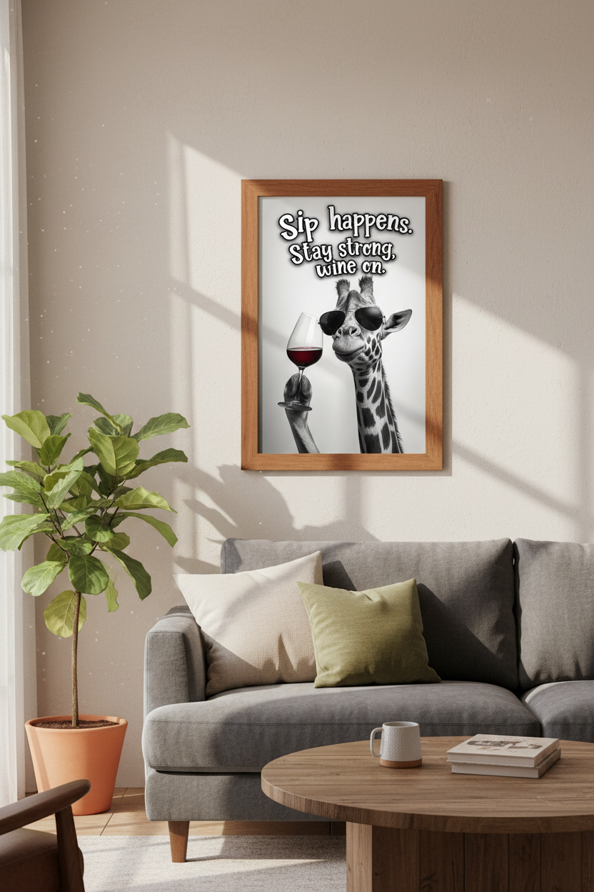 Funny Giraffe Wine Wall Art | Sip Happens Poster | Modern Bar Decor