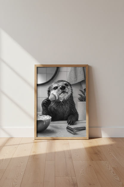 Shaving Otter Wall Art | Black and White Bathroom Decor | Funny Animal Poster