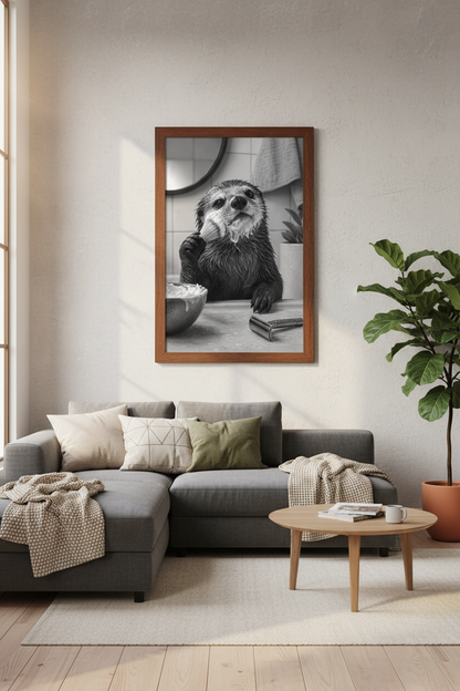 Shaving Otter Wall Art | Black and White Bathroom Decor | Funny Animal Poster
