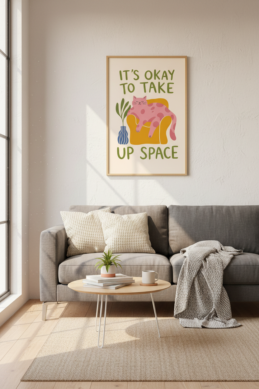 Quirky Cat Wall Art Print | Pink Cat Decor | Body Positivity Poster