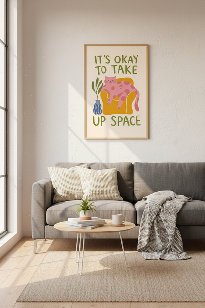Quirky Cat Wall Art Print | Pink Cat Decor | Body Positivity Poster