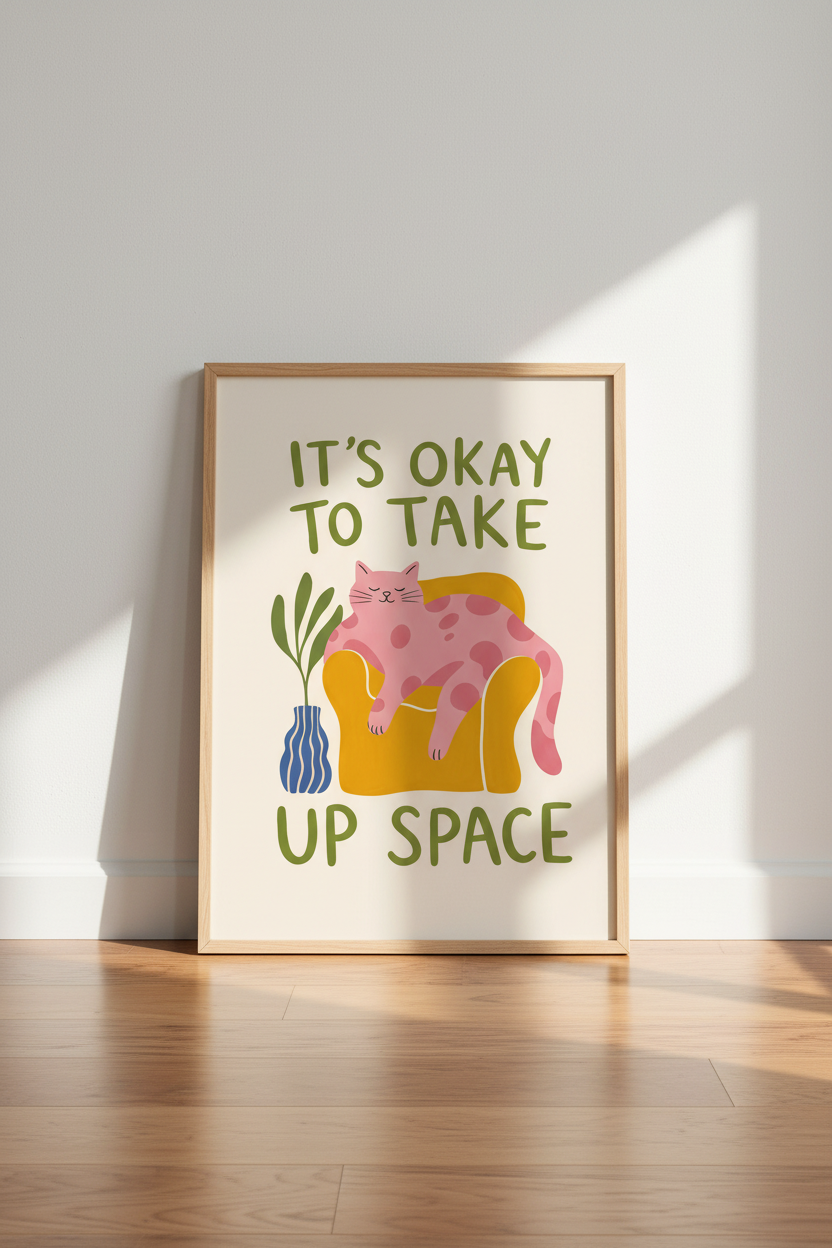Quirky Cat Wall Art Print | Pink Cat Decor | Body Positivity Poster