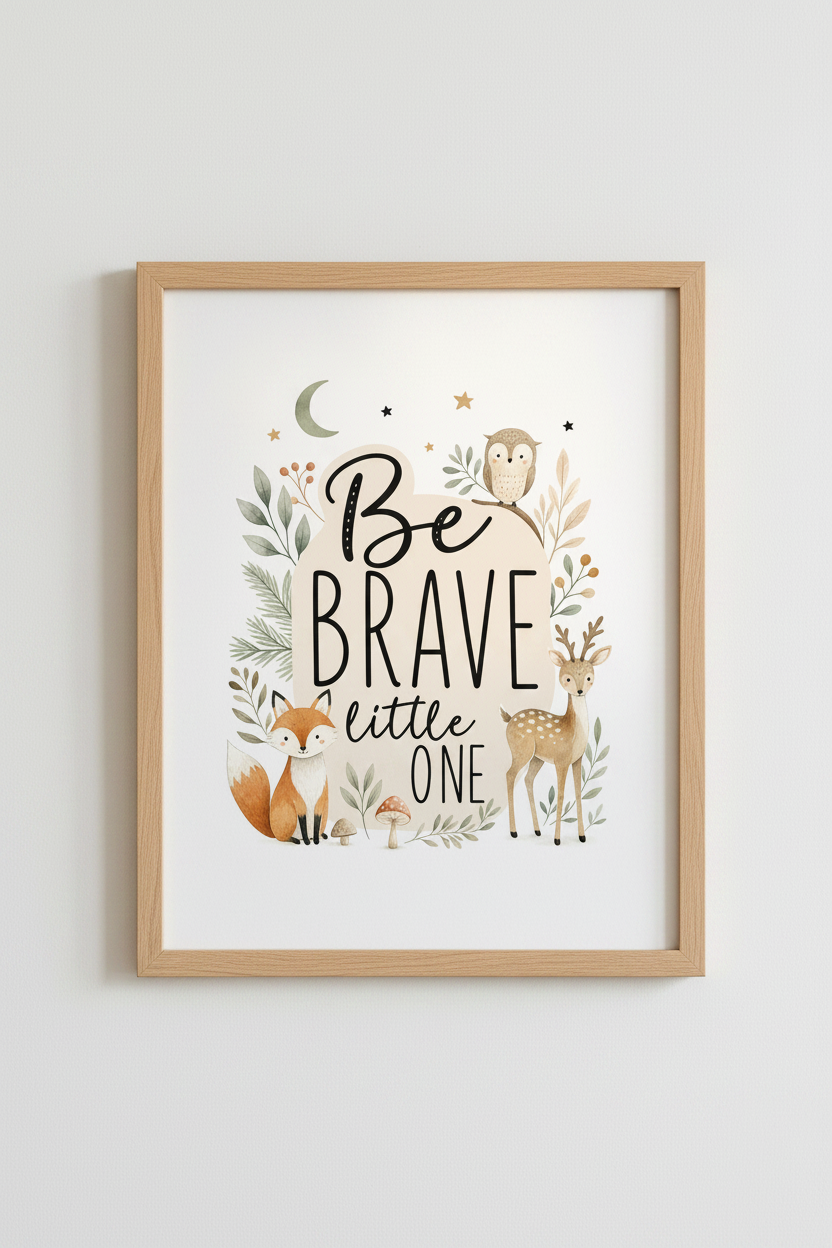 Be Brave Little One Woodland Art | Neutral Forest Animal Print, Nursery Decor