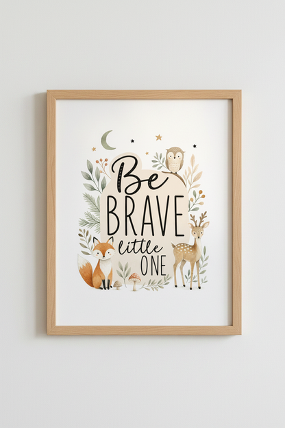 Be Brave Little One Woodland Art | Neutral Forest Animal Print, Nursery Decor