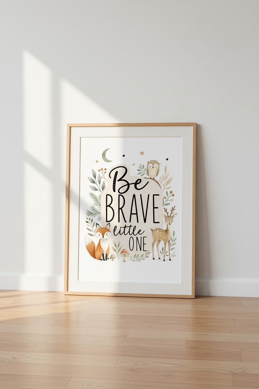 Be Brave Little One Woodland Art | Neutral Forest Animal Print, Nursery Decor