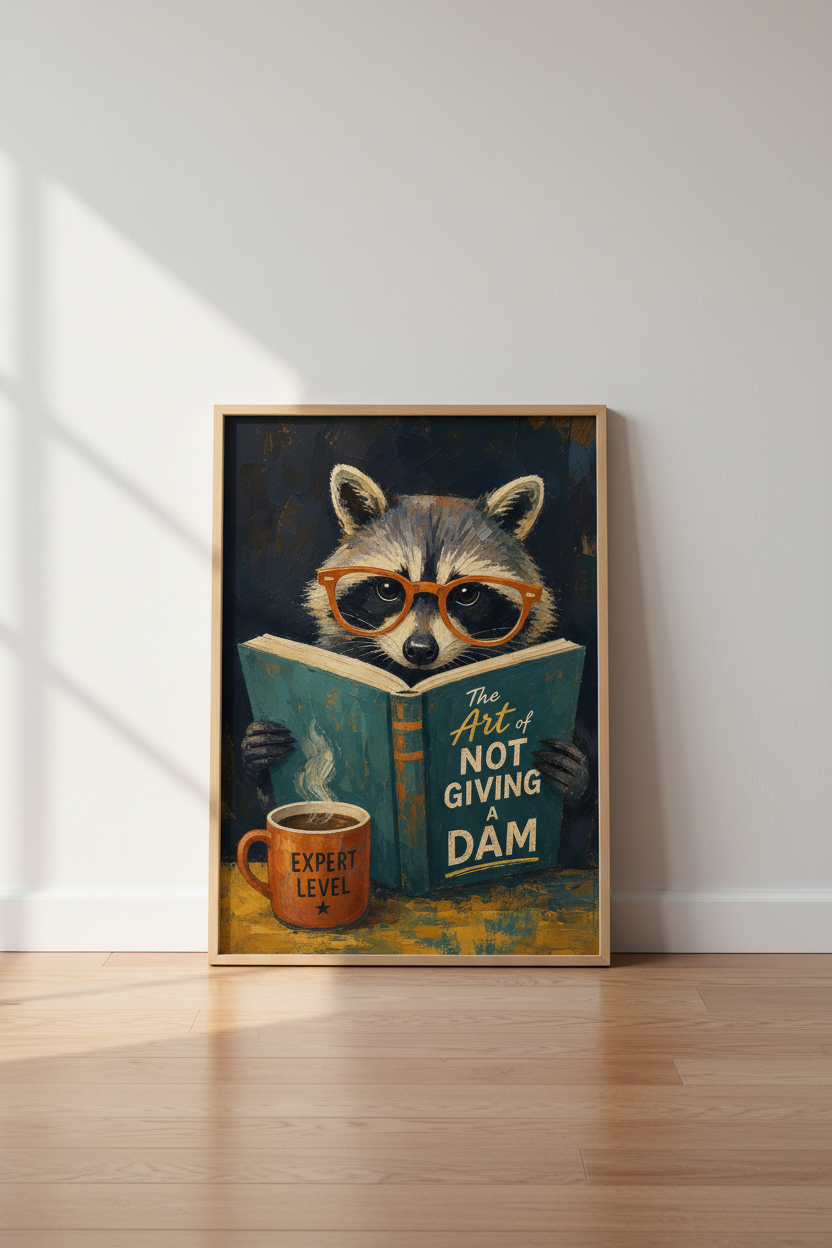 Funny Raccoon Art Print | Moody Oil Painting Library Decor, Whimsical Animal Poster
