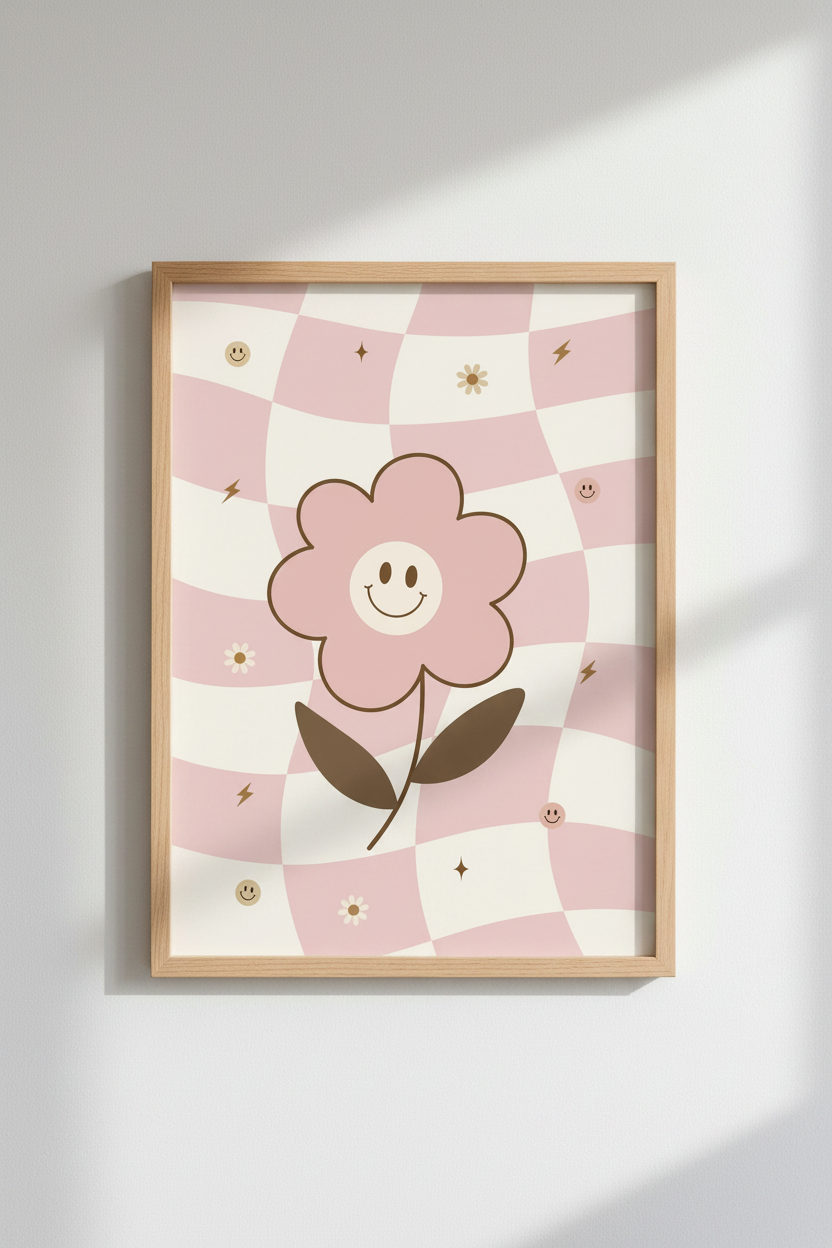 Retro Smiley Flower Wall Art | Pink Checkerboard Decor | Groovy Preppy Poster