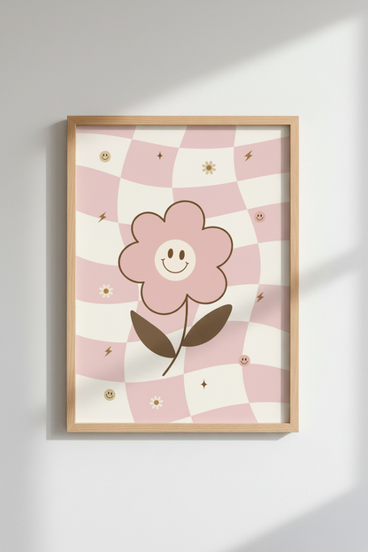 Retro Smiley Flower Wall Art | Pink Checkerboard Decor | Groovy Preppy Poster