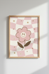 Retro Smiley Flower Wall Art | Pink Checkerboard Decor | Groovy Preppy Poster