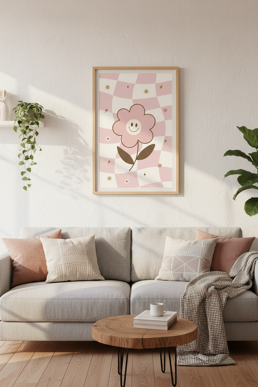 Retro Smiley Flower Wall Art | Pink Checkerboard Decor | Groovy Preppy Poster