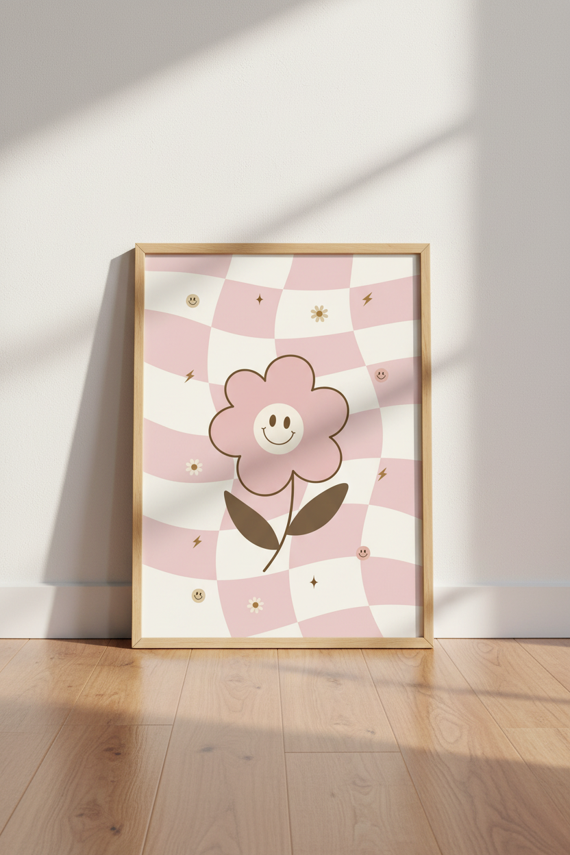 Retro Smiley Flower Wall Art | Pink Checkerboard Decor | Groovy Preppy Poster