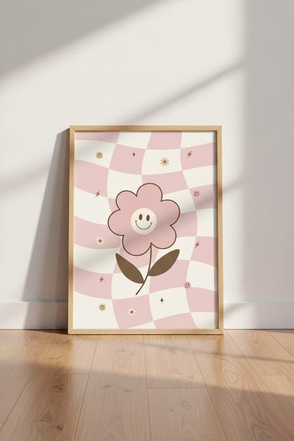 Retro Smiley Flower Wall Art | Pink Checkerboard Decor | Groovy Preppy Poster
