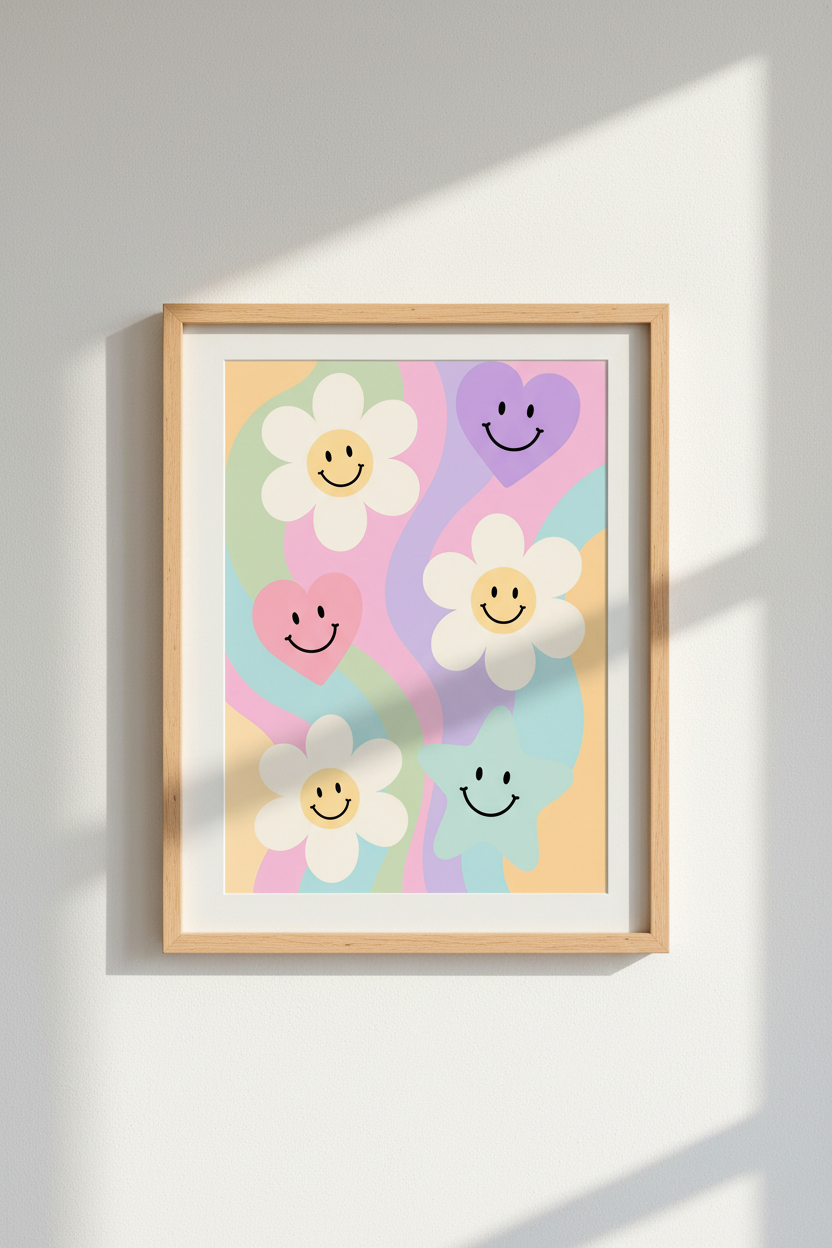 Pastel Danish Pastel Art | Groovy Smiley Face &amp; Flower Retro Poster, Y2K Aesthetic Decor