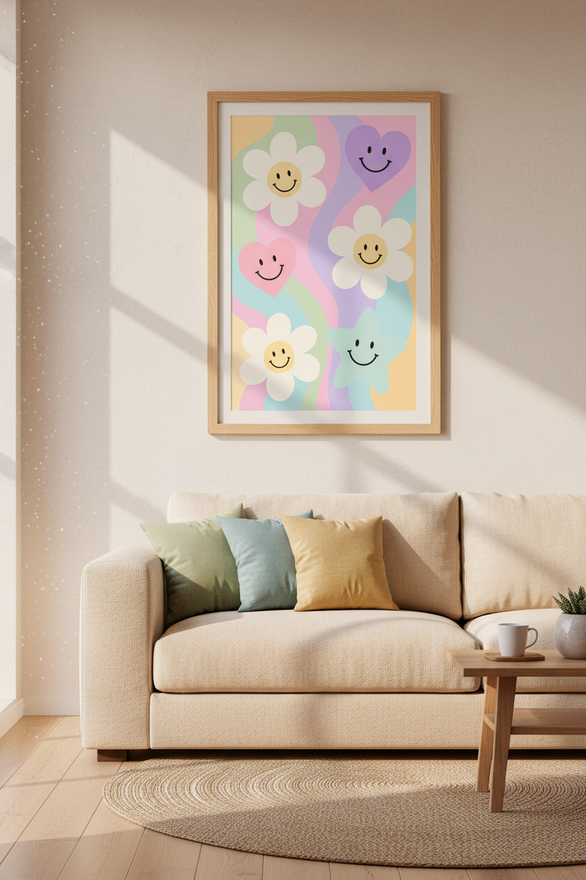 Pastel Danish Pastel Art | Groovy Smiley Face &amp; Flower Retro Poster, Y2K Aesthetic Decor