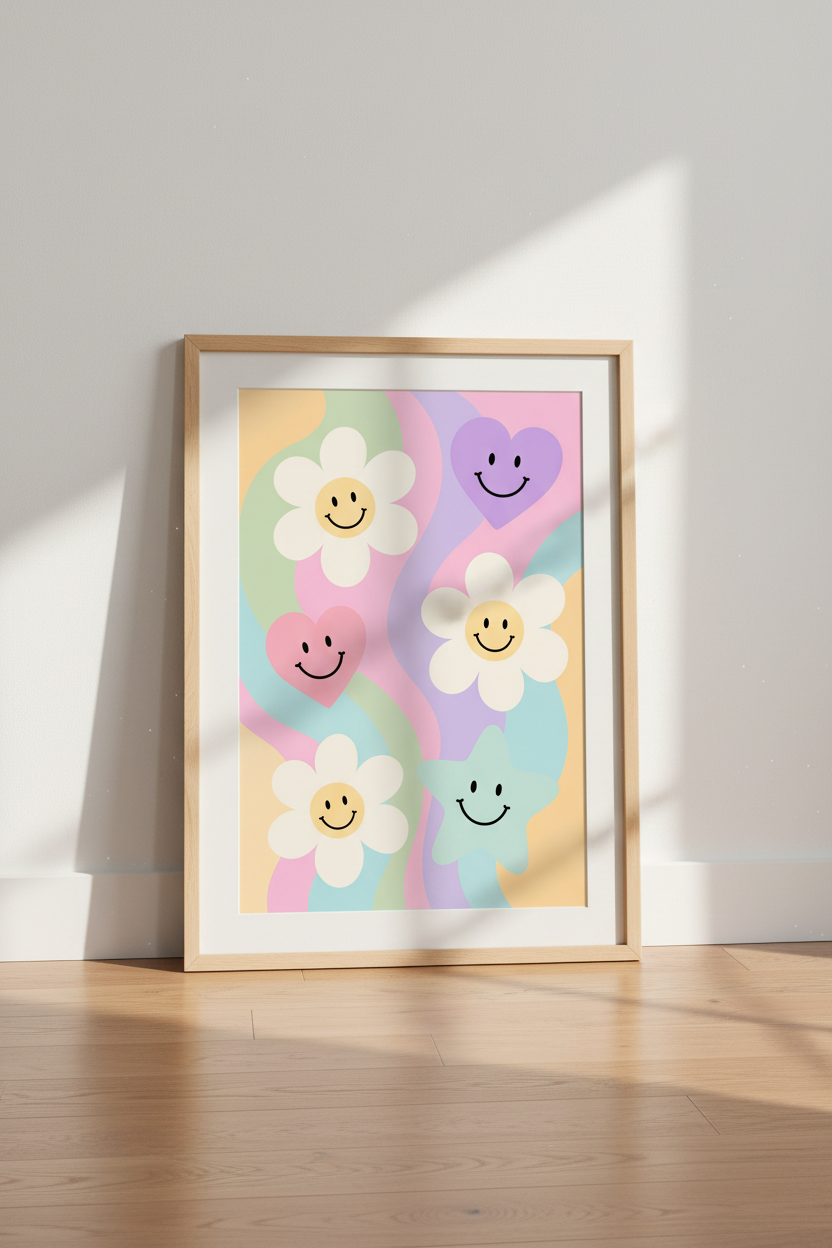 Pastel Danish Pastel Art | Groovy Smiley Face &amp; Flower Retro Poster, Y2K Aesthetic Decor