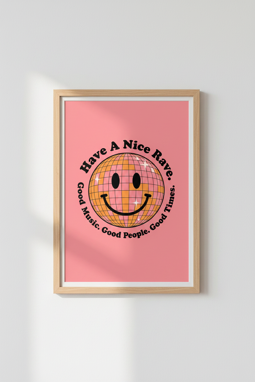 Disco Ball Smiley Wall Art | Pink Retro Rave Poster, Groovy Music Decor