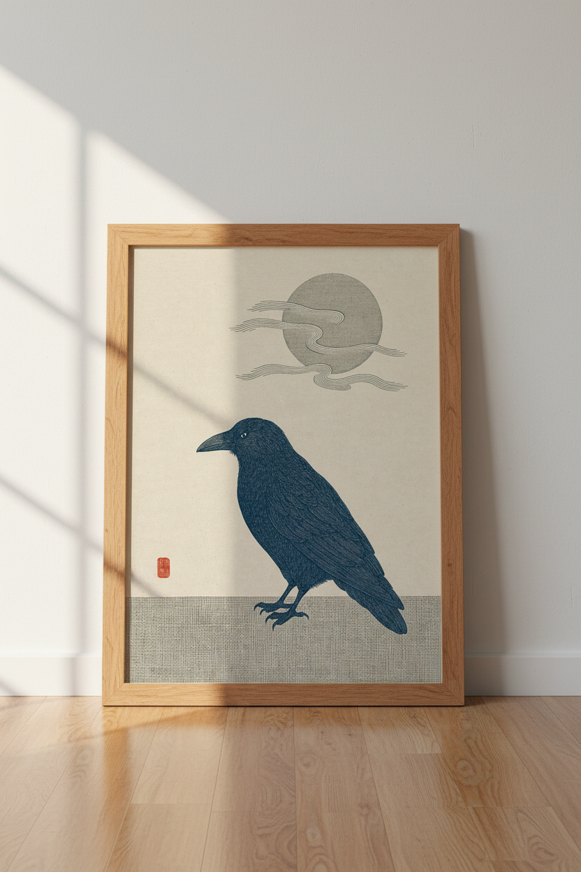 Japanese Crow Wall Art | Minimalist Raven Woodblock Style, Zen Home Office Decor