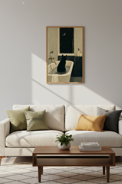 Black Cat Bathtub Wall Art | Moody Moon &amp; Stars Decor | Whimsical Night Poster