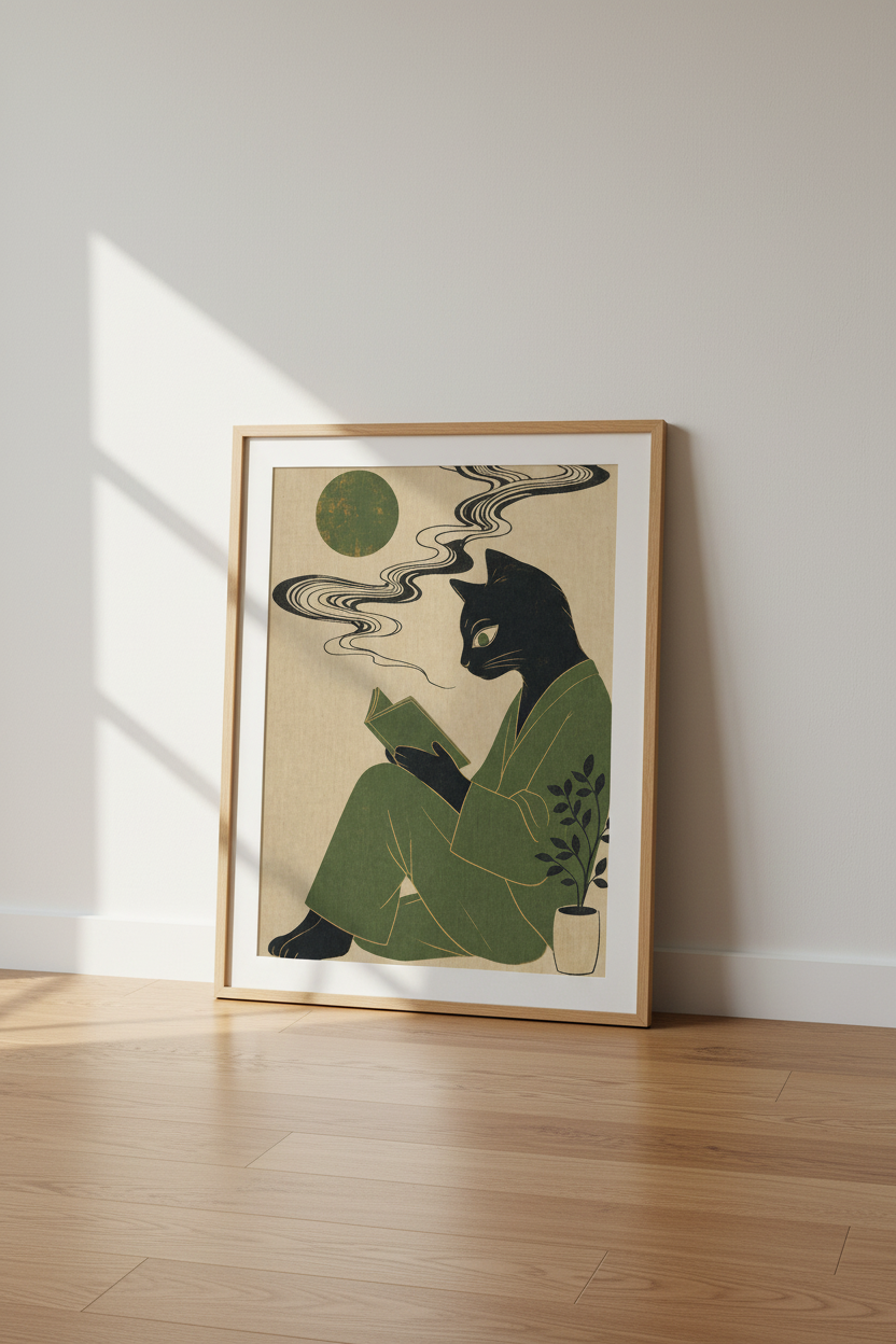 Black Cat Reading Poster | Japanese Woodblock Style, Dark Academia Library Decor