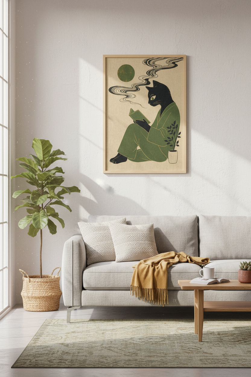 Black Cat Reading Poster | Japanese Woodblock Style, Dark Academia Library Decor