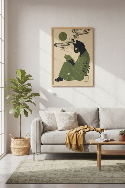 Black Cat Reading Poster | Japanese Woodblock Style, Dark Academia Library Decor