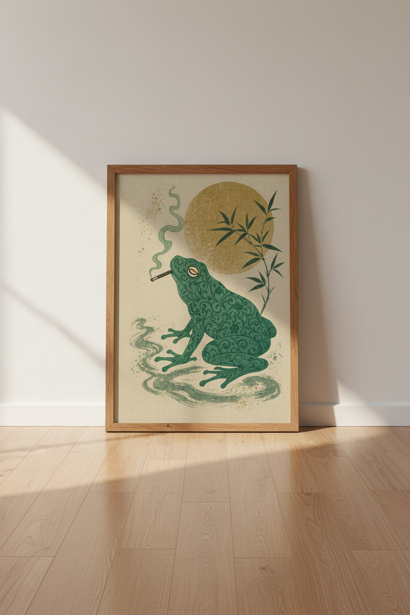 Smoking Frog Wall Art | Japanese Ukiyo-e Aesthetic, Sage Green Eclectic Room Decor
