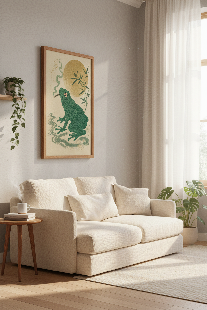 Smoking Frog Wall Art | Japanese Ukiyo-e Aesthetic, Sage Green Eclectic Room Decor
