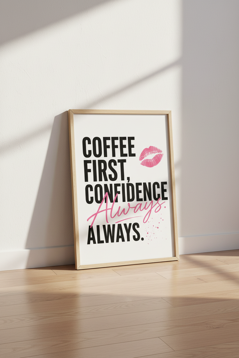 Coffee First Confidence Always Print | Chic Pink &amp; Black Typography | Boss Babe Decor
