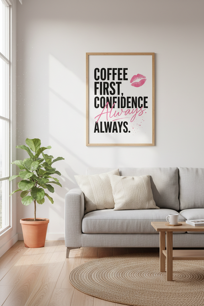 Coffee First Confidence Always Print | Chic Pink &amp; Black Typography | Boss Babe Decor