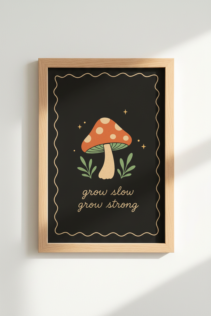 Retro Mushroom Wall Art | Grow Slow Grow Strong Poster, Boho Dark Academia Decor