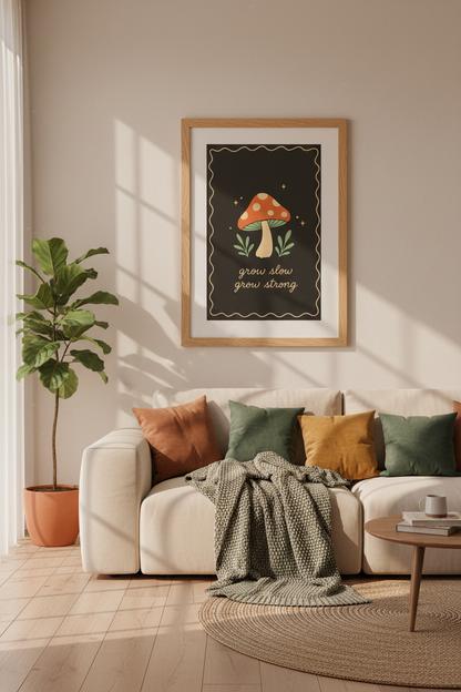 Retro Mushroom Wall Art | Grow Slow Grow Strong Poster, Boho Dark Academia Decor