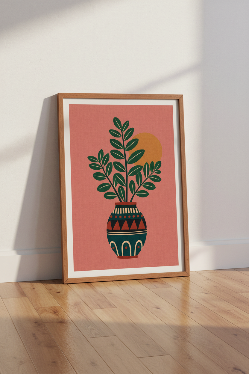 Boho Botanical Vase Wall Art | Terracotta &amp; Green Leaf Decor | Desert Sun Poster