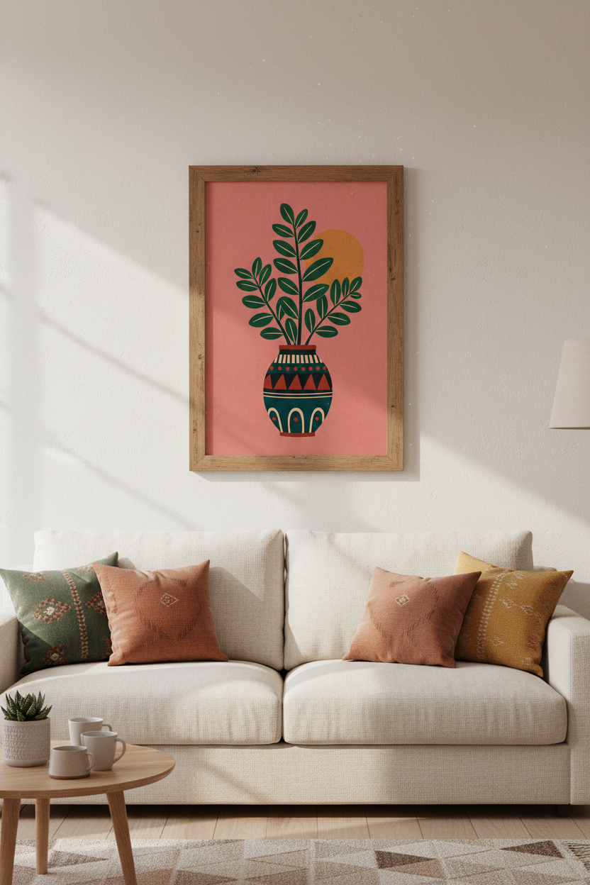 Boho Botanical Vase Wall Art | Terracotta &amp; Green Leaf Decor | Desert Sun Poster