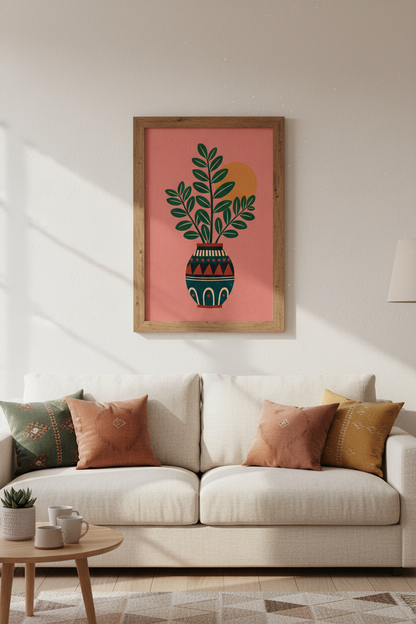 Boho Botanical Vase Wall Art | Terracotta &amp; Green Leaf Decor | Desert Sun Poster