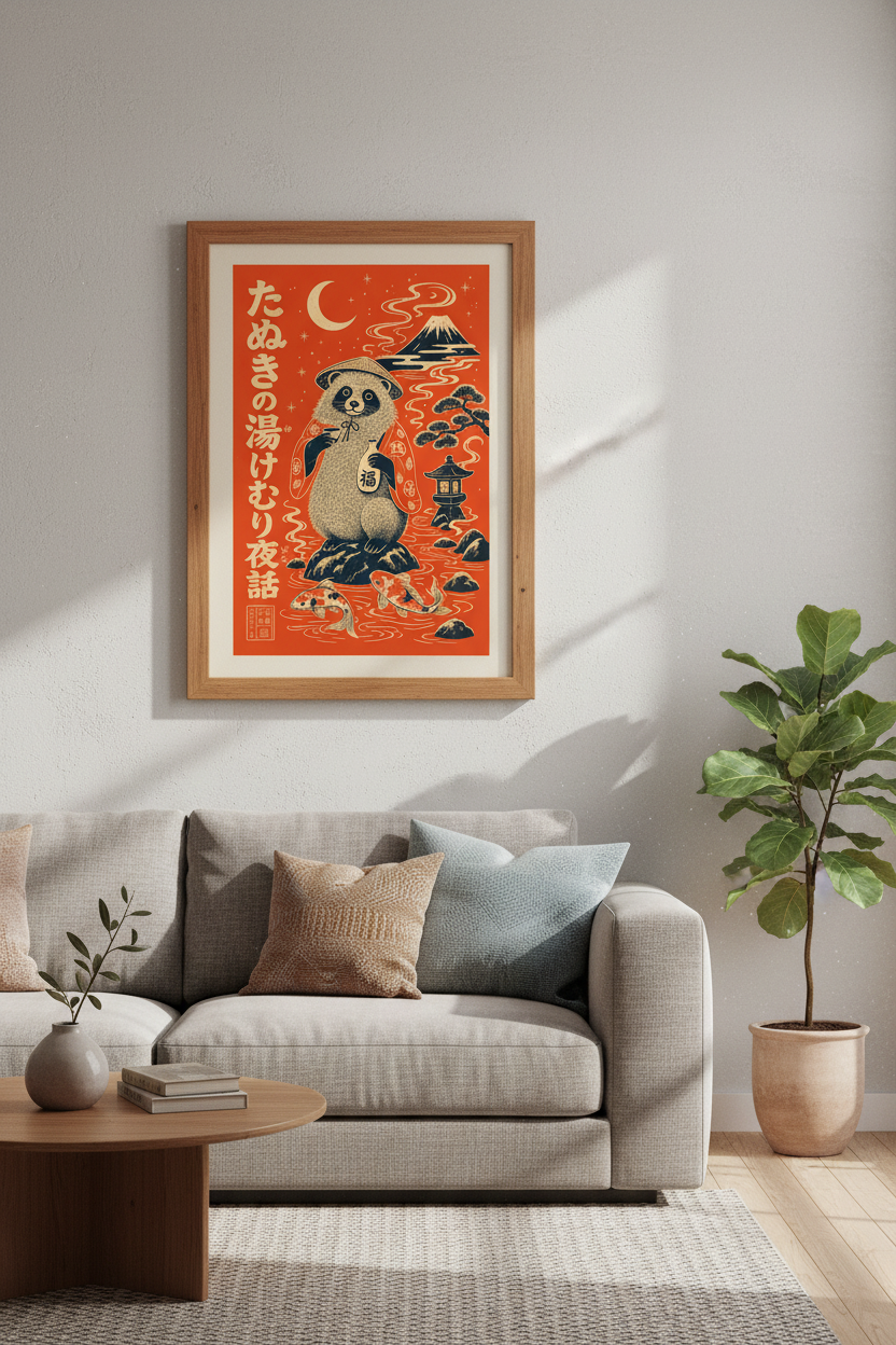 Japanese Tanuki Wall Art Print | Red Ukiyo-e Style Poster | Asian Mythology Decor